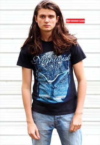 1990'S VINTAGE NAVY GRAPHIC NIGHTWISH PRINT T-SHIRT
