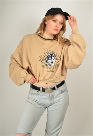 VINTAGE CROPPED REWORKED WOLF PRINT SWEATSHIRT BEIGE