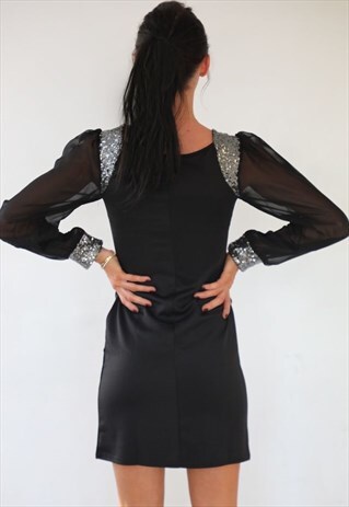 BLACK SEQUIN SHOULDER DRESS