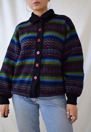 CHUNKY 80S COLOURFUL STRIPEY PUFF SLEEVE CARDIGAN JACKET S/M