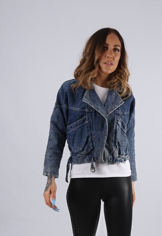 VINTAGE DENIM JACKET ACID WASH CROPPED UK 8 XS (CJBF)