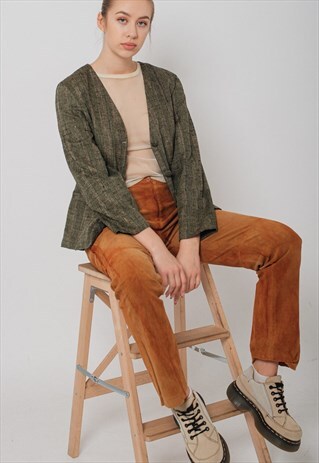 VINTAGE V-NECK BUTTON UP BLAZER IN MOSS GREEN 80S
