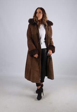 VINTAGE SHEEPSKIN SUEDE SHEARLING COAT LONG HOODED (J2C)