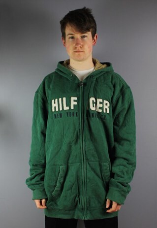 VINTAGE TOMMY HILFIGER FLEECE HOODIE IN GREEN EMBROIDERY