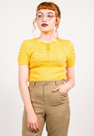 VINTAGE 70'S YELLOW CROCHET KNIT CUTE TOP