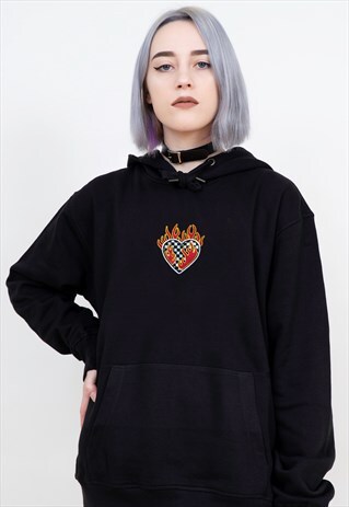 CHECKERED HEART ON FIRE FLAMES EMBROIDERED HOODIE JUMPER Y2K