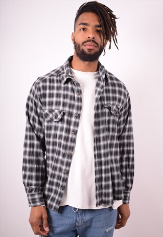MENS VINTAGE FLANNEL SHIRT LARGE GREY CHECK 90S
