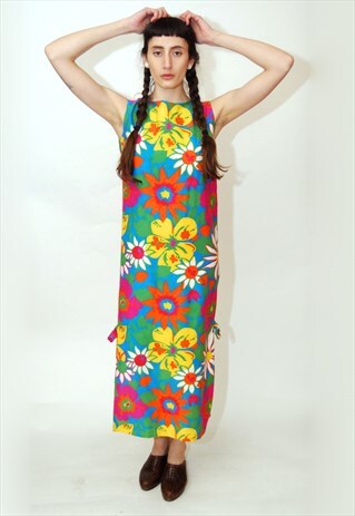 VINTAGE COLUMN DRESS (M) TIKI 60S FLOWER PRINT HAWAIIAN 70S