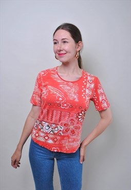 Vintage 90s flower blouse, red hippie blouse, summer blouse