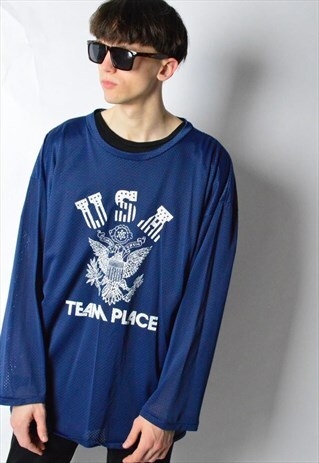 VINTAGE 80S NAVY BLUE USA HOCKEY JERSEY SHIRT