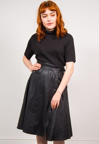 VINTAGE 90'S BLACK LEATHER HIGH WAIST MIDI SKIRT