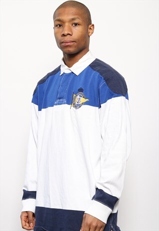 VINTAGE RALPH LAUREN LONG SLEEVED RUGBY POLO BLUE WHITE NAVY
