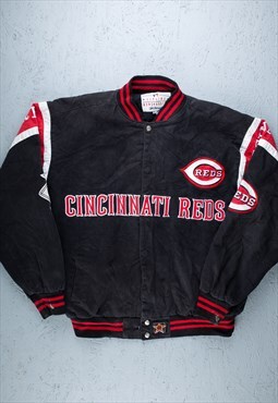 90's MLB Black Cincinnati Reds Racing Varsity Jacket - B2268