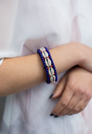 COWRIE SHELL BLUE BEADS BRACELET BANGLE ADJUSTABLE SIZE