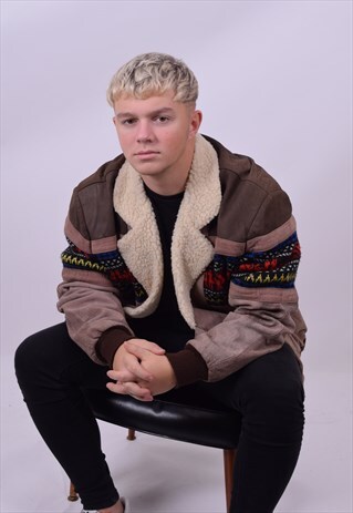 VINTAGE 90'S SOFT LEATHER AZTEC BOMBER JACKET SIZE MEDIUM