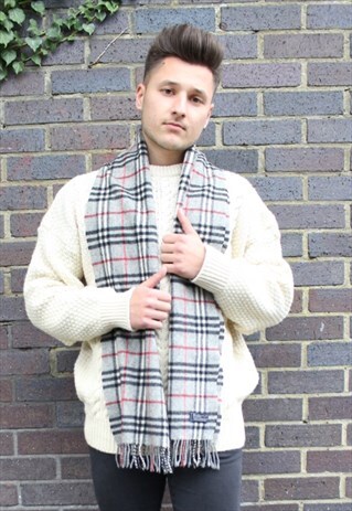 VINTAGE BURBERRY CASHMERE CHECKED SCARF L.GREY