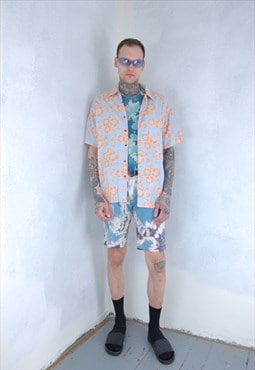 Vintage y2k Hawaii baggy flower abstract shirt in light blue
