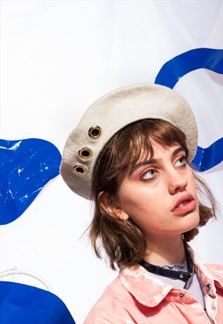 REWORKED VINTAGE BERET 80S BEIGE HAT W GOLDEN EYELETS