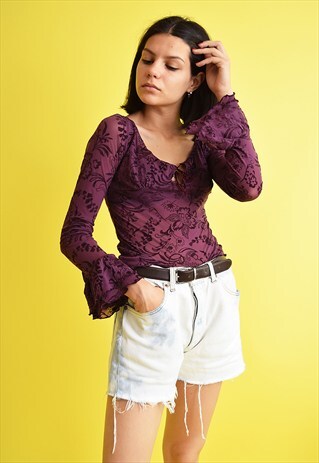 90'S RETRO KITSCH BOHO PRINT FLARE SLEEVE MESH BLOUSE TOP