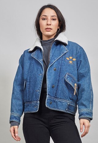 VINTAGE SHEARLING LINED CROPPED DESIGNER DENIM JACKET