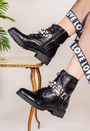 black biker boots with pearls