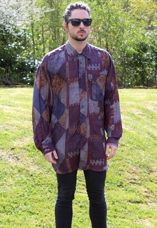 VINTAGE 80S SILK ART NERD SHIRT - XL/XXL - FESTIVAL