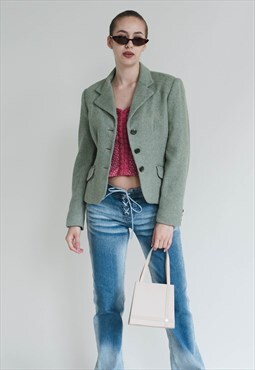 Vintage 90s Slim Fit Pastel Green Fitted Wool Women Blazer