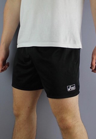 VINTAGE ASICS SHORTS IN BLACK WITH EMBROIDERED LOGO AND DRAW