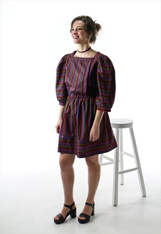 BOLD BLACK AND MULTICOLOURED RETRO DRESS / BALLON SLEEVE DRE