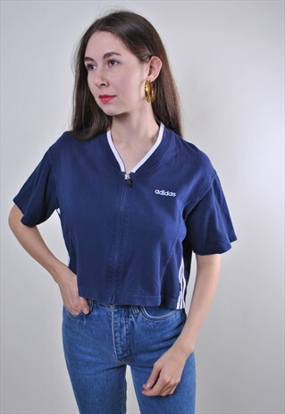 80S ADIDAS ZIPPED UP CROP TSHIRT, VINTAGE SPORT TEE