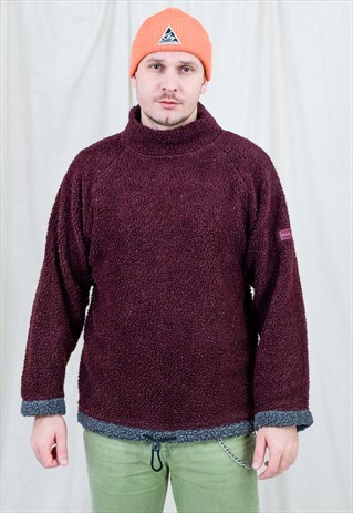 BURGUNDY FLEECE SWEATSHIRT VINTAGE MOCKNECK WARM COZY 90S M