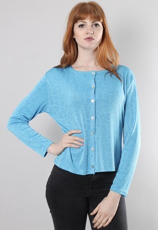 VINTAGE 90S BLUE TEXTURED PATTERNED CARDIGAN TOP
