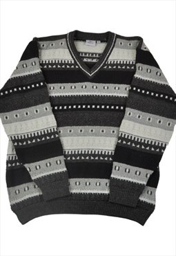 Vintage Knitted Jumper Retro Pattern Grey Large