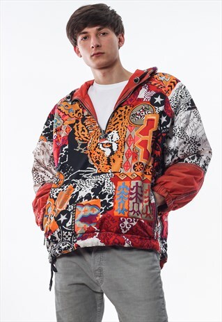 VINTAGE MDG REVERSIBLE PULLOVER 90S ORANGE AZTEC PRINTED