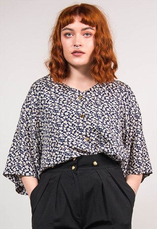 90'S VINTAGE BEIGE BOW FLOWER PRINT COLLARLESS SHIRT BLOUSE