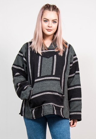 VINTAGE 90'S GREY STRIPE GRUNGE BAJA HOODIE JUMPER