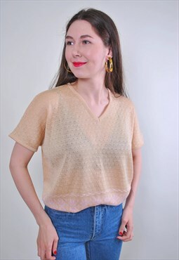 Women vintage beige knit pullover blouse 