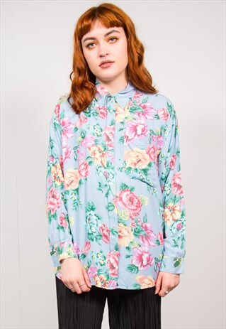 VINTAGE 90'S PASTEL BLUE FLORAL PRINT SHIRT BLOUSE