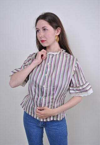 VINTAGE STRIPED LACE BLOUSE, 90S SHORT SLEEVE EVENING SHIRT