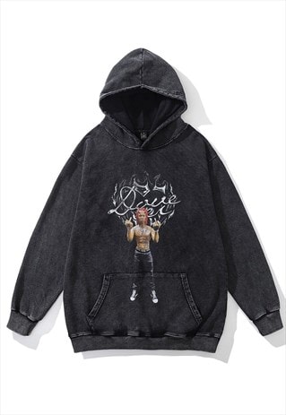 Rapper print hoodie grunge tattoo pullover hiphop top grey