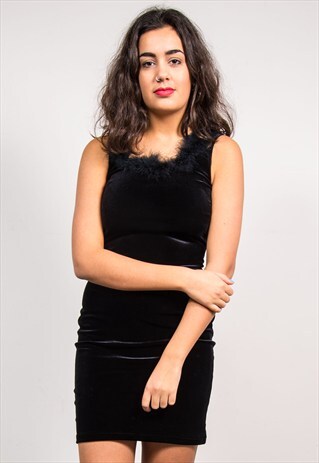 VINTAGE 90'S BLACK MARABOU TRIM VELVET SASSY MINI DRESS