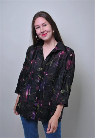 VINTAGE BLACK BLOUSE, WOMEN FLOWERS PRINT BUTTON UP SHIRT