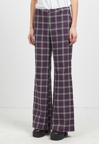 VINTAGE PURPLE MESSAGE CHECKERED BOOT CUT TROUSERS BOTTOMS