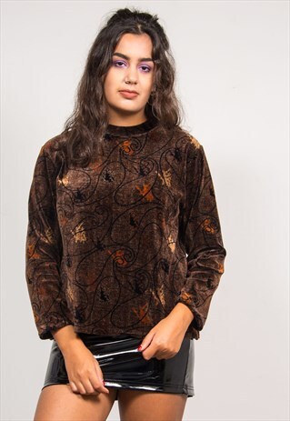 VINTAGE 90'S BROWN RUSTIC PATTERN VELVET LONG SLEEVE TOP