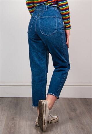 VINTAGE 90'S DARK BLUE DENIM FRAYED HEM MOM JEANS
