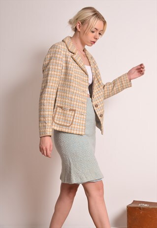 VINTAGE 60S PENCIL SKIRT TEXTURED WOOL BLUE