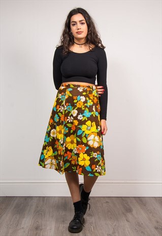 VINTAGE 70'S BRIGHT FLORAL PATTERN MIDI SKIRT