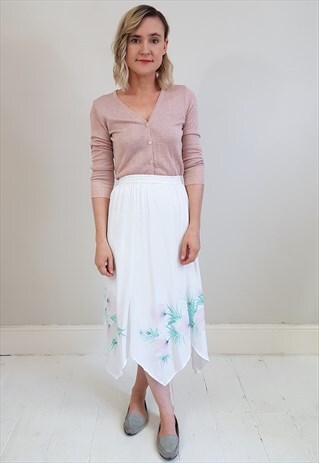 VINTAGE 90'S WHITE WATERCOLOUR FLORAL POINTED HEM SKIRT