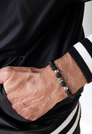 LOTUS WITH LAVA POWER BEAD BRACELET MEN SILVER