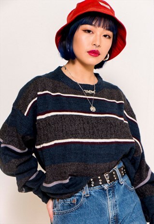 VINTAGE 80'S BLUE AND GREY STRIPED KNIT